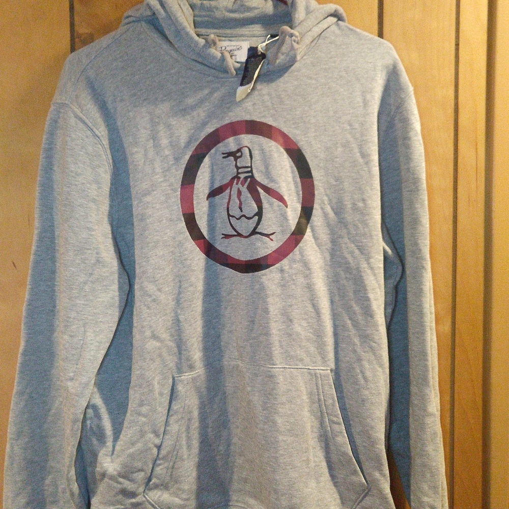 NWT Original Penguin Grey Buffalo Plaid Logo Hoodie - Medium